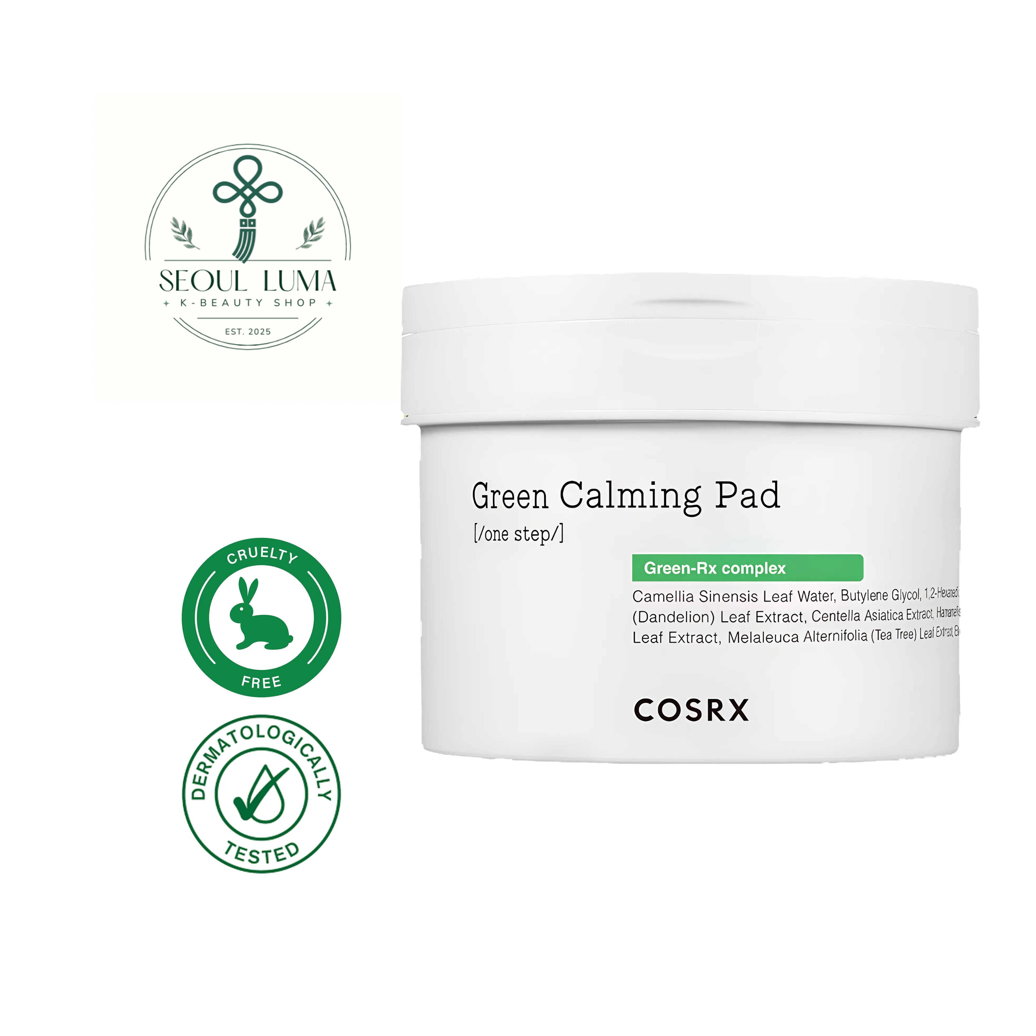 COSRX One Step Green Calming Pad 70 Pads - Soothing toner pads with 75% Green Tea Water, PHA, and Green-RX Complex for sensitive and irritated skin